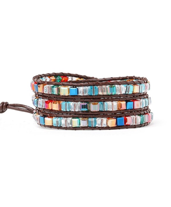 Multicoloured Crystal Bead Bracelets For Women Girls Best Friend Genuine Leather Beaded Bracelet 3 Wrap - CM188YTHAXS