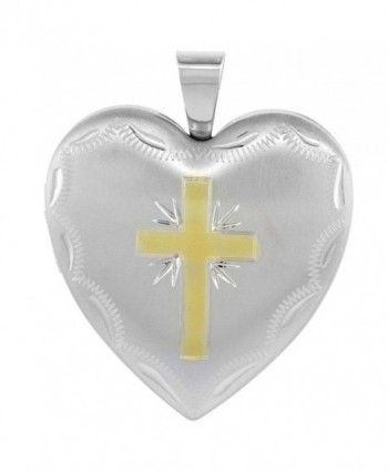 Sterling Silver Heart Locket Necklace 4 Picture Gold Cross 1 inch - CH11E1FRSXT