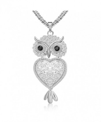 29" Vintage Night Owl Heart Pendant Necklace Rhinestone Alloy Long Chain Silver Plated - Silver - CE188N8RWOG