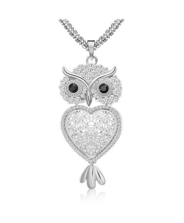 29" Vintage Night Owl Heart Pendant Necklace Rhinestone Alloy Long Chain Silver Plated - Silver - CE188N8RWOG