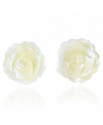 Rose of Innocence Carved White Mother of Pearl .925 Sterling Silver Stud Earrings - C312N6CDDND