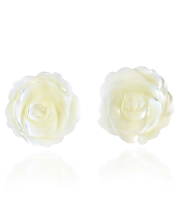 Rose of Innocence Carved White Mother of Pearl .925 Sterling Silver Stud Earrings - C312N6CDDND