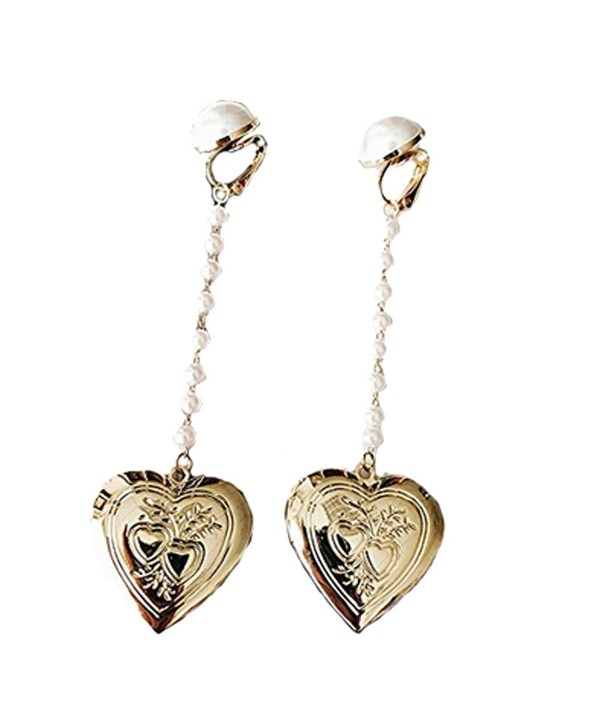 Women & Girls Gold Tone Heart Shaped Photo Locket Simulated Pearl Clip on Earrings Non Pierced Dangle - CA186CEQ2I9