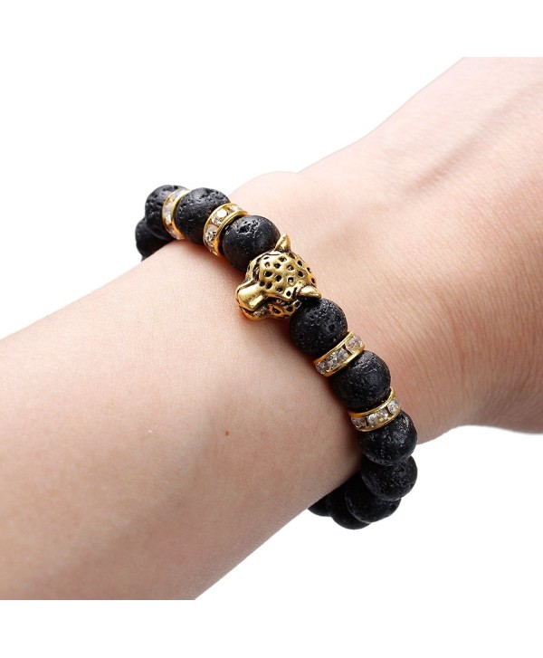 Synthetic Lava Beaded Healing Bracelet Leopard Head and Rhinestone Elastic Bracelet 24cm(9 4/8") - CZ12HG6R0KP