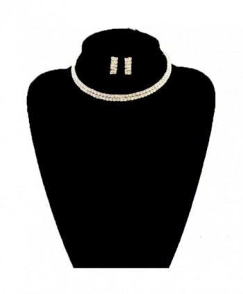 Clear 2 Row Elastic Flexing Rhinestone Choker Necklace and Earrings Jewelry Set in Gold-Tone - CH11VVFX38B