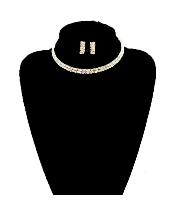 Clear 2 Row Elastic Flexing Rhinestone Choker Necklace and Earrings Jewelry Set in Gold-Tone - CH11VVFX38B