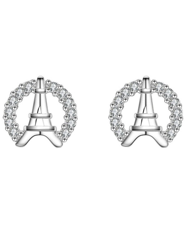 S925 Silver Plated Cubic zirconia Shining Eiffel Tower Women Stud Post Earrings - CF186L0MDRL