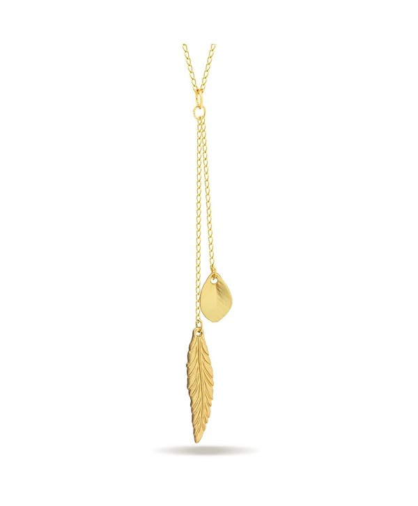 Elegant Gold Tone Double Necklace- Tiny Feather and Leaf Pendant- Dainty Modern Jewelry- Gold Tone - C811YU57X7L