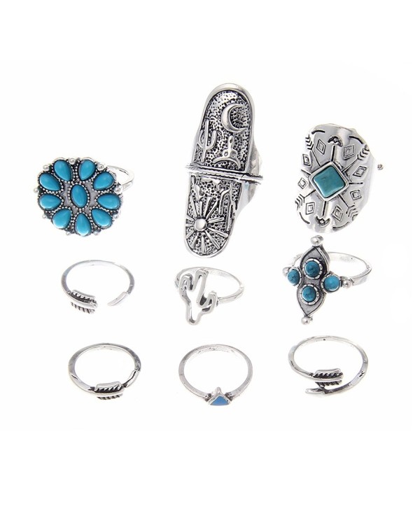 Lureme Vintage Silver Arrow Flower Turquoise Cactus Joint Knuckle Nail Midi Ring Set of 9 Rings(rg001826) - CC1827Y8XE0