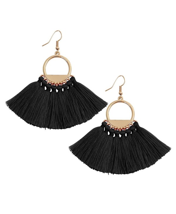 Bohemia Ethnic Tassels Earrings Fan Shape Tribal Fringe Boho Eardrop White Red Blue Black - Black - CM184SC6OU7