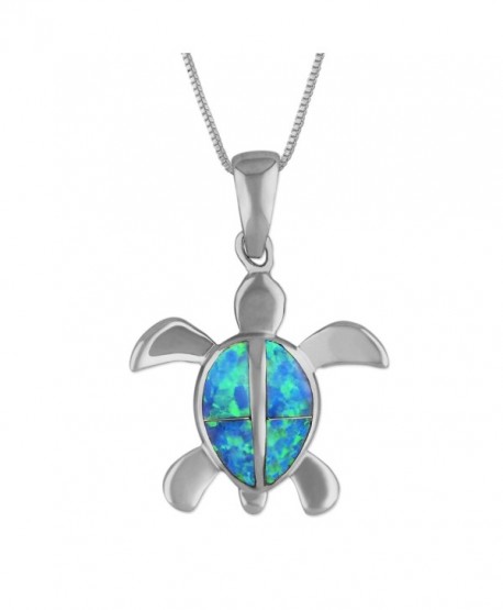 Sterling Silver Synthetic Blue Opal 7/8 Inch Turtle Pendant Necklace- 16+2" Extender - CJ113ZSP5BP