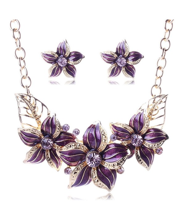 BIBITIME Women Plated Oil Drip Rhinestone Alloy Flower Bib Necklace Earring Sets - Purple - CU12DH7BKTT