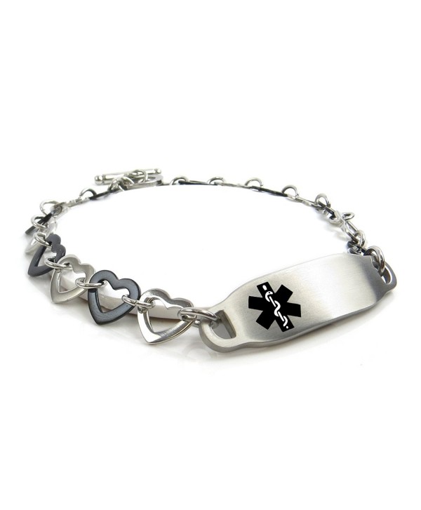 MyIDDr - Pre-Engraved & Customizable Women's Diabetic Medical Bracelet Steel / Black Hearts - C011HUDP2UZ