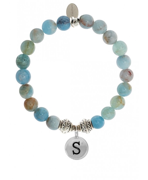 EvaDane Natural Aquamarine Beryl Gemstone Tibetan Bead Alphabet Letter S Charm Stretch Bracelet - C612O2A1LJ9