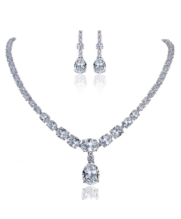 EVER FAITH Mother's Gift Wedding Art Deco Prong Clear CZ Necklace Earrings Set Silver-Tone - CE11JTR93W3