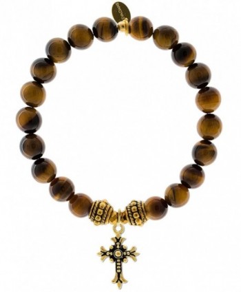 EvaDane Natural Tiger Eye Gemstone Rope Bead Cross Charm Stretch Bracelet - C5129UI44I3