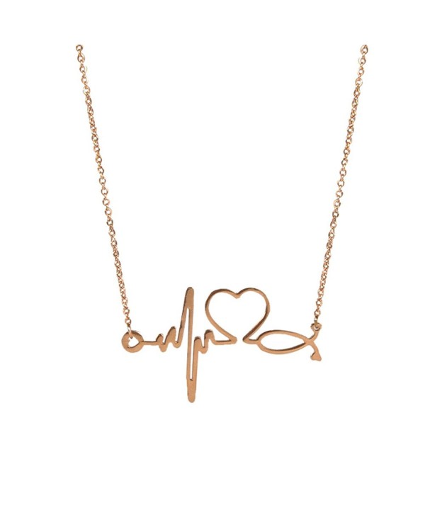 Pusheng Stainless Steel Heartbeat Cardiogram Pendant Necklace for Women-21" - Rose Gold - CP12O063J00