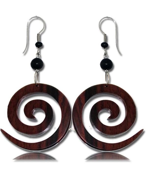 Earth Accessories Stainless Steel Organic Wood Dangle Earrings (Assorted Designs) - Spiral Shaped - CX12O3JTR3C