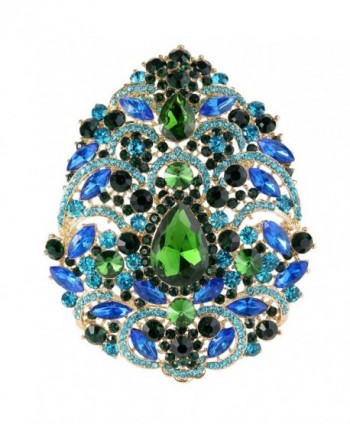 EVER FAITH Women's Austrian Crystal Noble Flower Pattern Teardrop Brooch - Green w/ Blue Gold-Tone - CP11BGDLHZJ