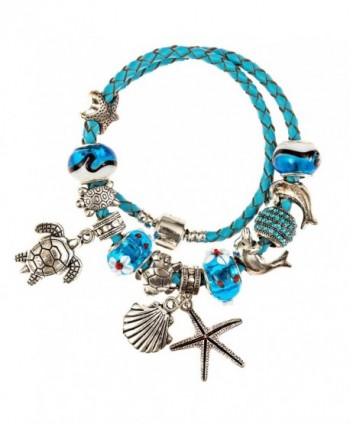 European Ocean Beach Charm Beaded Bracelet 7.5 and 8.5 Inch for Women and Teen Girls Leather Wrap - CQ12DR042TV