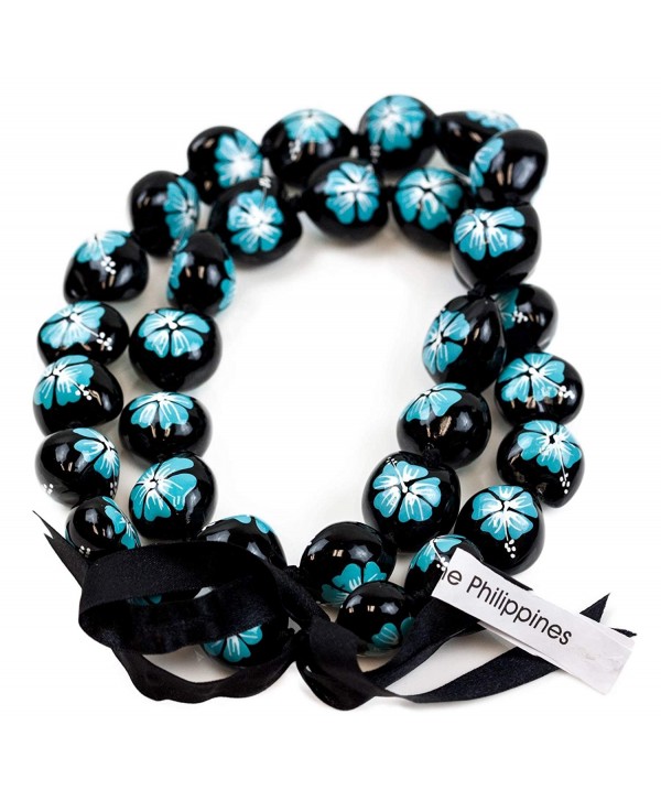 Barbra Collection Hawaiian Style Kukui Nut Lei Hibiscus Hand Painted Turquoise Flower 32 Inches - CB127QGQE6V