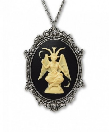 Sitting Satanic Baphomet Cameo In Silver Finish Frame Necklace Pendant Ivory on Black - CJ12N30R29C