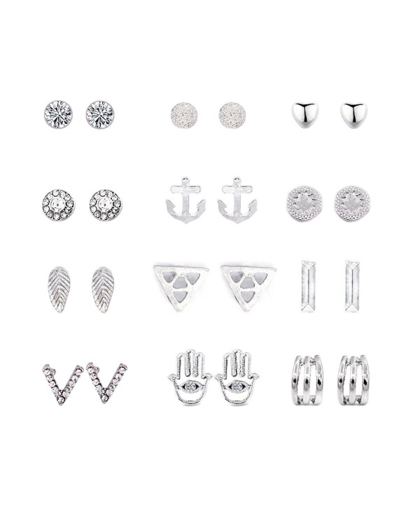 Daycindy 12 Pair Rhinestone Stud Earrings Set Stainless Steel Boho Earring for Women - Silver Hamsa Hand Earrings - CD186I74UXH