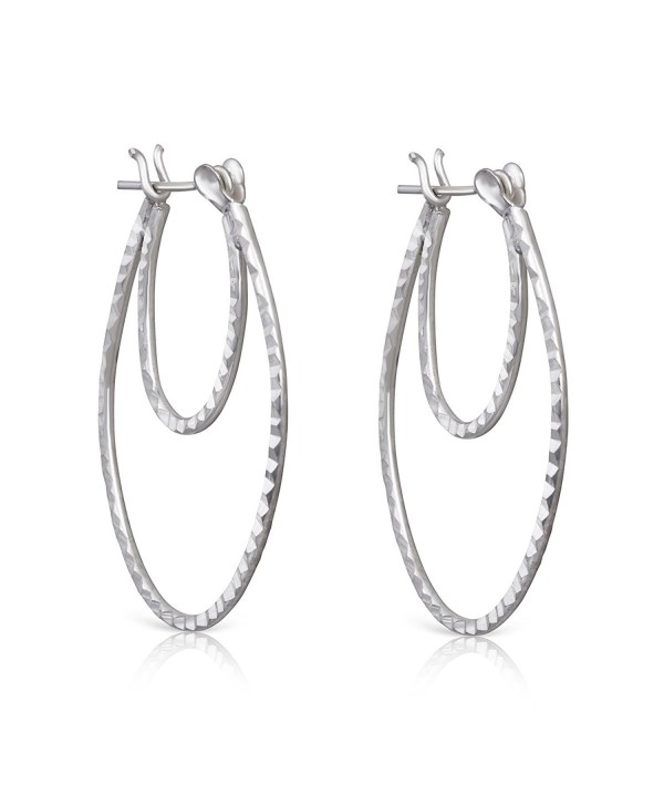 925 Sterling Silver Diamond Cut Rhodium Plated Double Hoop Earrings - CB184RW3DQI