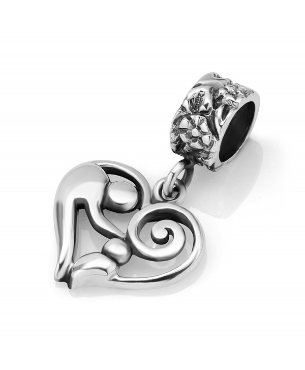 925 Sterling Silver Mother and Child Heart Dangle Bead Charm - CF118WEJ7JD