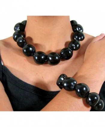 16" Black Kukui Nut Necklace and Matching Bracelet Boho Lei Chunky Bead Lumbang Choker - CK112249HWL