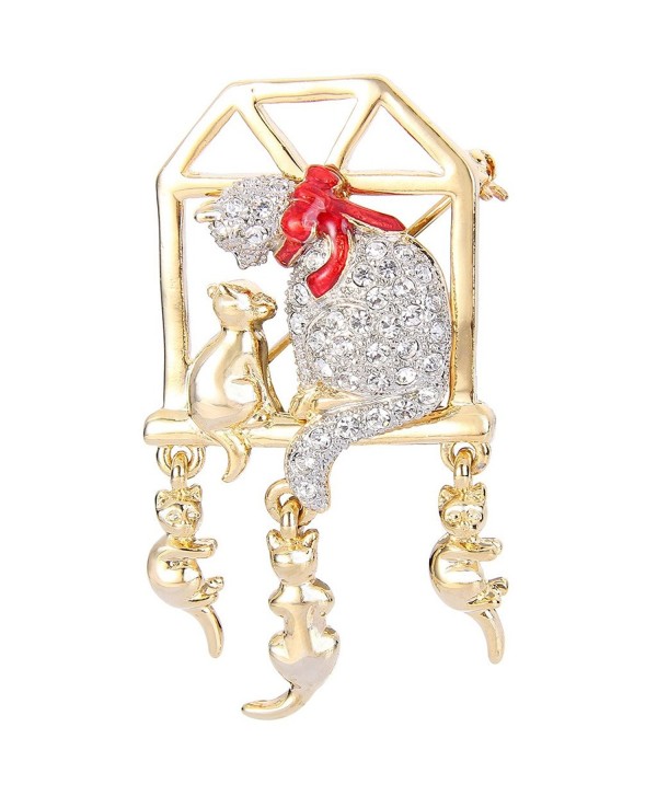 EVER FAITH Gold-Tone Austrian Crystal Lovely Red Bowknot Mother Cat and Children Brooch Pin Clear - CW128T9GGBH