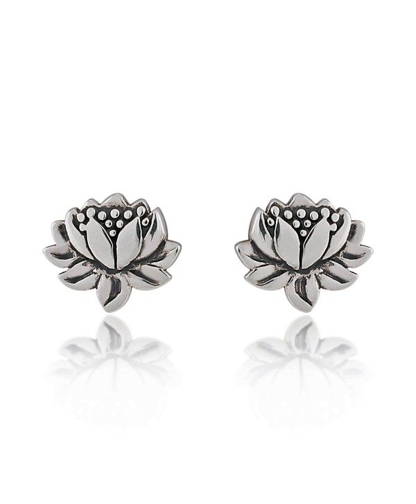 925 Sterling Silver Oxidized Detailed Lotus Flower Stud Earrings - C411NUV1EP3