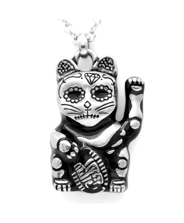 Controse Silver-Toned Stainless Steel Day of the Dead Maneki-neko Necklace 28" - CS12GK5D0LB