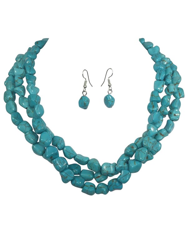 3 Row Imitation Turquoise Stone Beaded Layered Necklace And Earrings Set - CJ17YUYGEDH