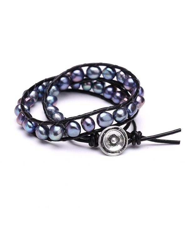Aobei Pearl Freshwater Cultured Black Pearl Bracelets Multi Wraps Stackable Leather Jewelry - C6121ME9LMR