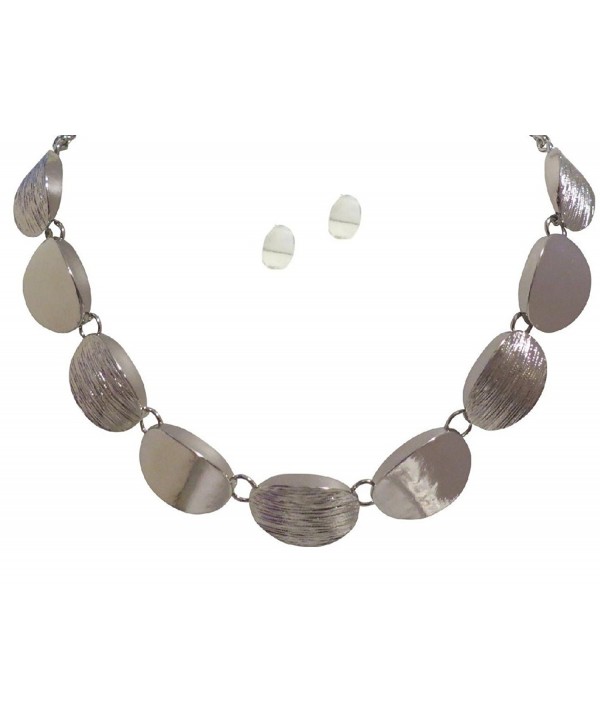 Silver Tone Textured Statement Necklace Earring Jewelry Set for Women - CR11N5NIJF9