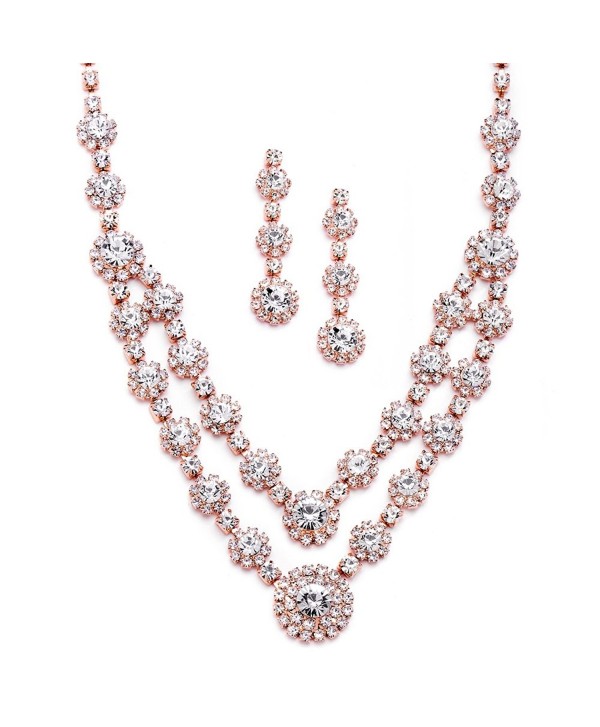 Mariell Blush Rose Gold 2-Row Rhinestone Crystal Necklace Earrings Set for Prom- Brides & Bridesmaids - CQ12O49TWC2