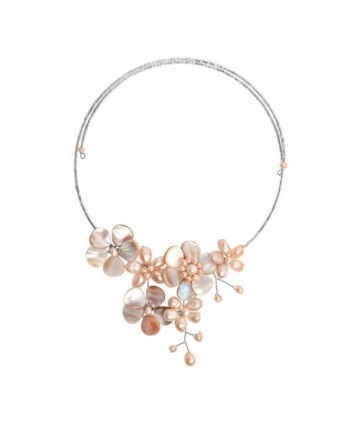 Floral Mother of Pearl & Cultured Freshwater Pink Pearl Cluster Choker Wrap Necklace - CQ11PLRYPFF