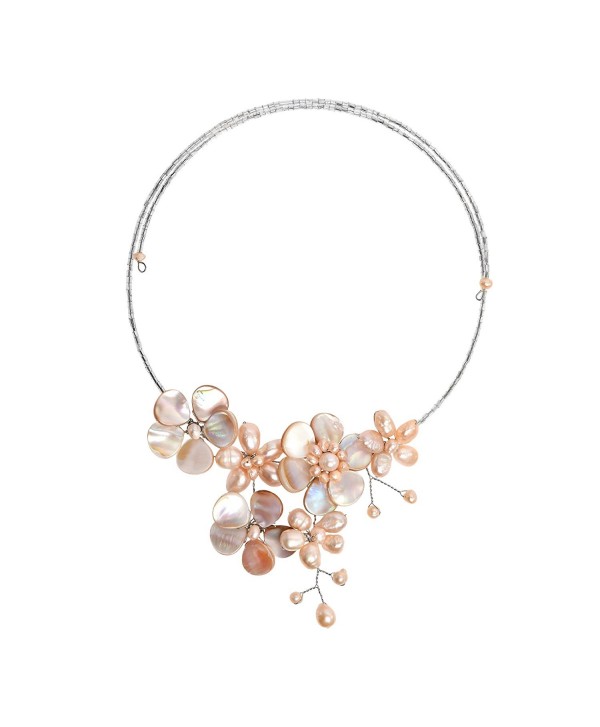 Floral Mother of Pearl & Cultured Freshwater Pink Pearl Cluster Choker Wrap Necklace - CQ11PLRYPFF