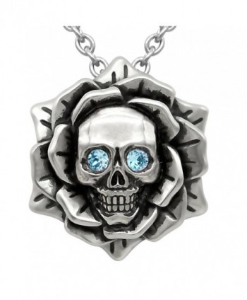 Skull Rose Birthstone Necklace With Swarovski Crystal 17" - 19" Adjustable Chain - 03-March – Blue - CJ182Z567TX