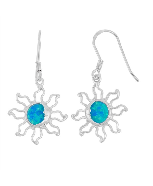 Sterling Silver Created Blue Opal Solar Eclipse Sun Dangle Earrings - CI127RQ3G93