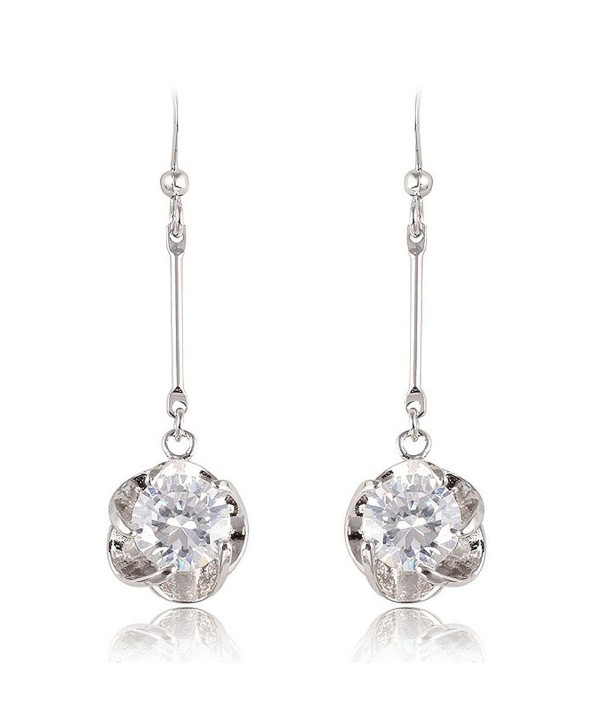 Yazilind Dazzling Silver Plated Round Cut Flower Clear Cubic Zirconia Long Dangle Drop Earrings - Clear - CS11MUCWTS9