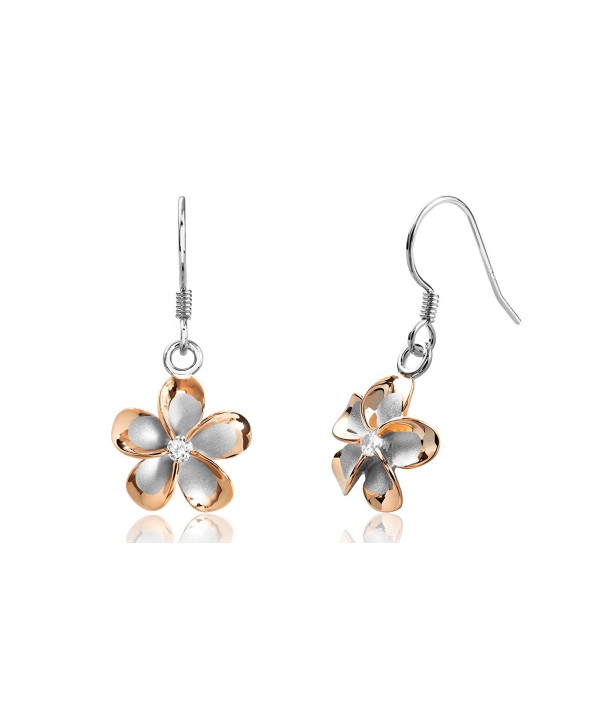 Sterling Silver with 14k Rose Gold Plated CZ Plumeria Hook Earrings- 14mm - CL1175T96OR