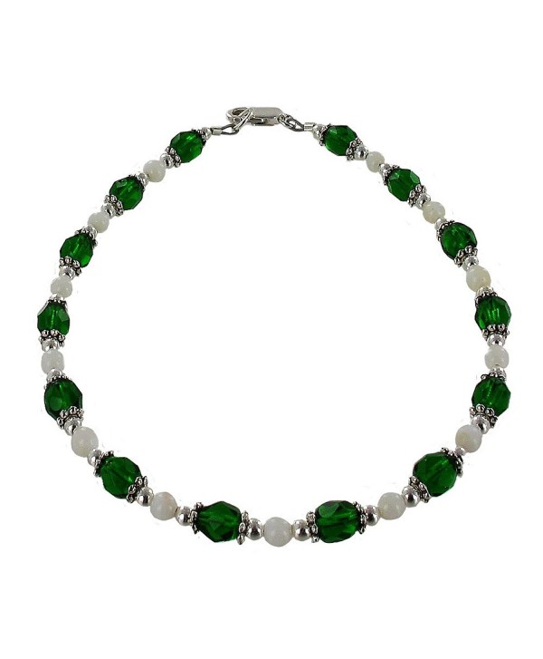 Womens Dark Green Czech Fire Polished Glass- Mother of Pearl & Sterling Silver Beaded Anklet with Daisies - C811CPAJRF3