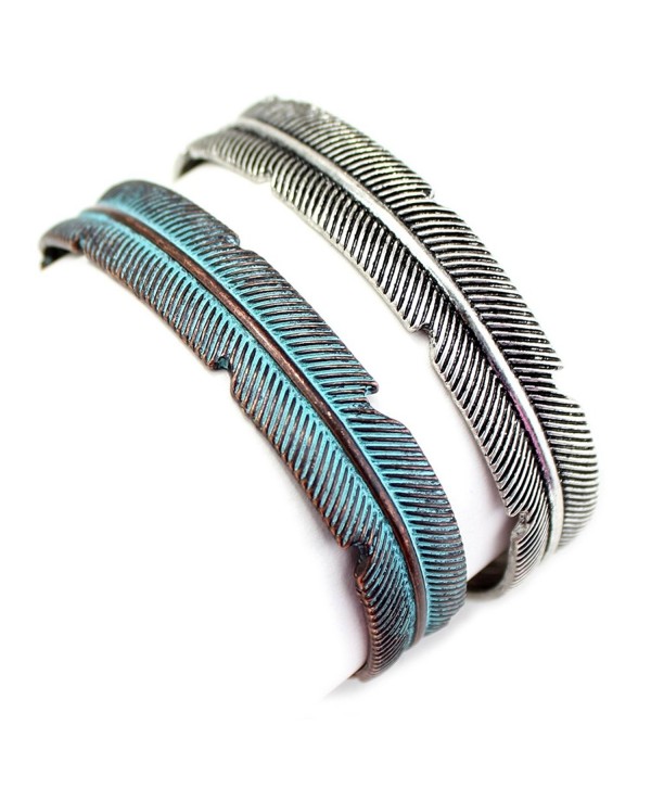 Silver or Copper / Patina Feather Cuff Fashion Bracelet from the WYO-HORSE Jewelry Collection - Silver - C2185LN828H