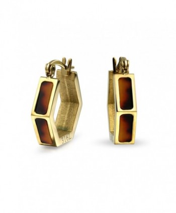 Bling Jewelry Gold Plated Steel Acrylic Tortoise Shell Hexagon Hoop Earrings - CG187KK9X6C