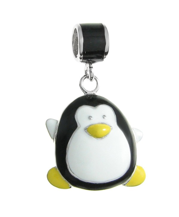 Rhodium-plated Sterling Silver Lovely Penguin Enamel European Style Dangle Bead Charm - CZ11APG3WYL