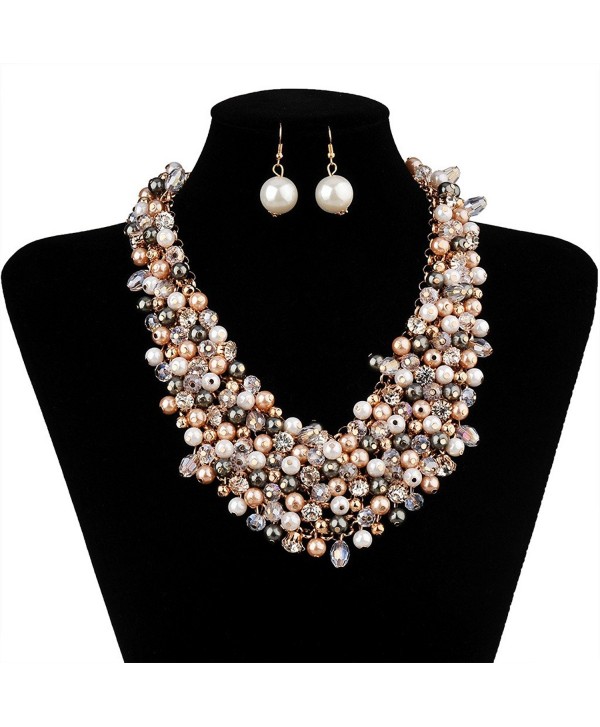 IPINK Fashion Women Big Faux Pearl Multi Strand Chunky Evening Jewelry Set - Gray - C6129NCLXM1