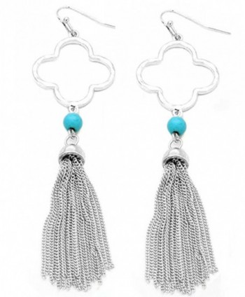 Women's Metal Clover with Chain Tassel Dangle Pierced Earrings - Turquoise/Silver-Tone - CN1857Q7NXR