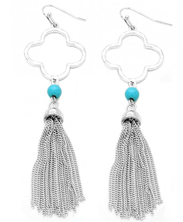 Women's Metal Clover with Chain Tassel Dangle Pierced Earrings - Turquoise/Silver-Tone - CN1857Q7NXR